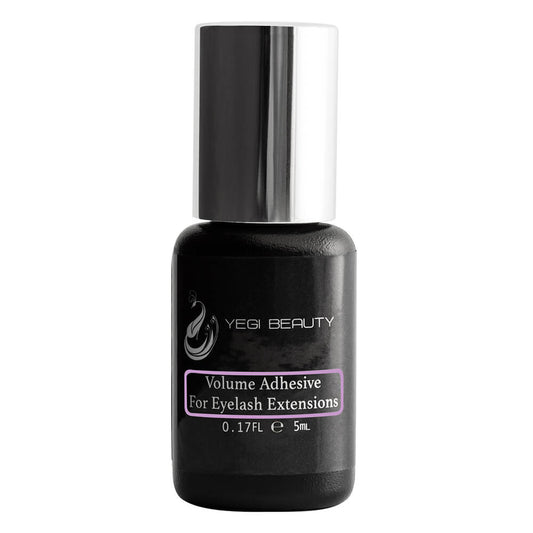 5ml black bottle with silver cap. Label reads "Yegi Beauty Volume Adhesive For Eyelash Extensions" with purple rectangle around words. Against white background