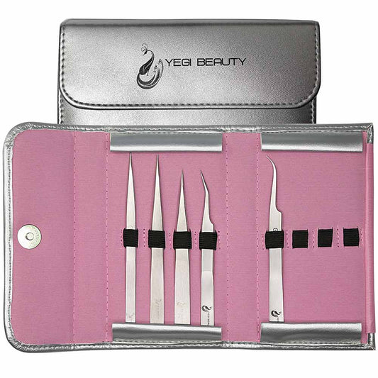 Yegi's Classic Eyelash Extension Tweezer Kit includes G-7, Y-2, G-2, Y-6, and G-8 tweezers and Yegi Tweezer Case