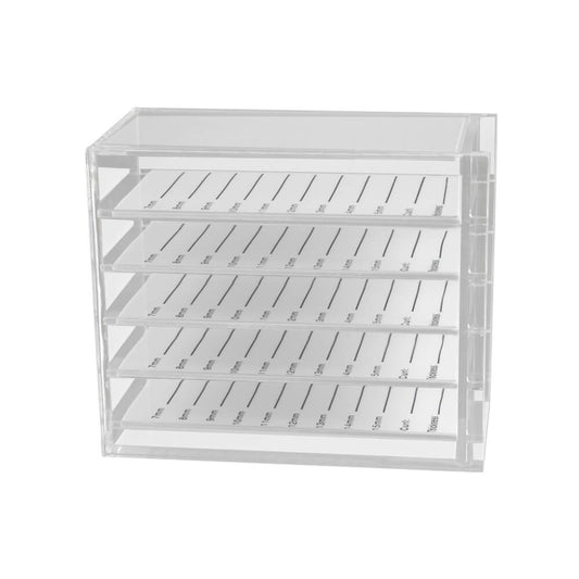 clear eyelash extension storage tray side view showing five shelves