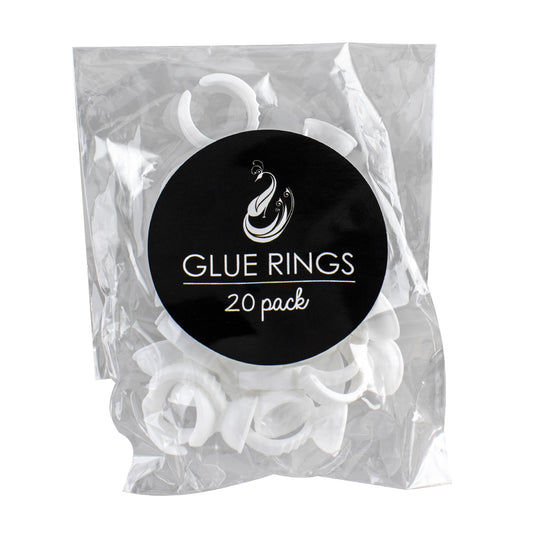 Transparent Package with Black label. text reads "Glue Rings - 20 Pack"