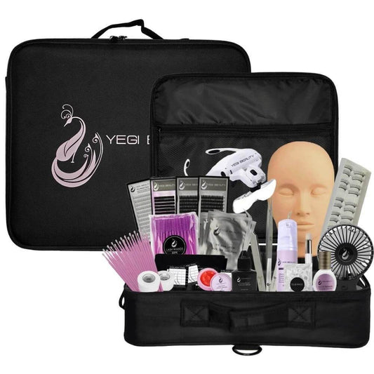 Eyelash Extension Class Kit with tweezers doll head brushes lashes fan all in easy travel case