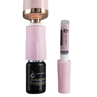 Adhesive spinner showing two different sizes of eyelash extension adhesive bottles.