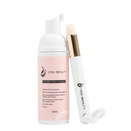 50ml white bottle with pink label reads "Yegi Beauty Eyelash Foam Cleanser"in black text. Small eye brush next to bottle with tan bristles, gold ferrule, and white handle with logo and Yegi Beauty brand. 