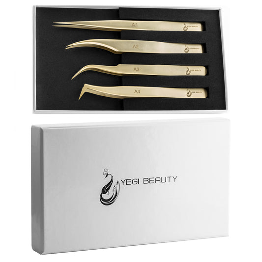 Yegi Beauty Eyelash Extension Tweezer Set in gold with box
