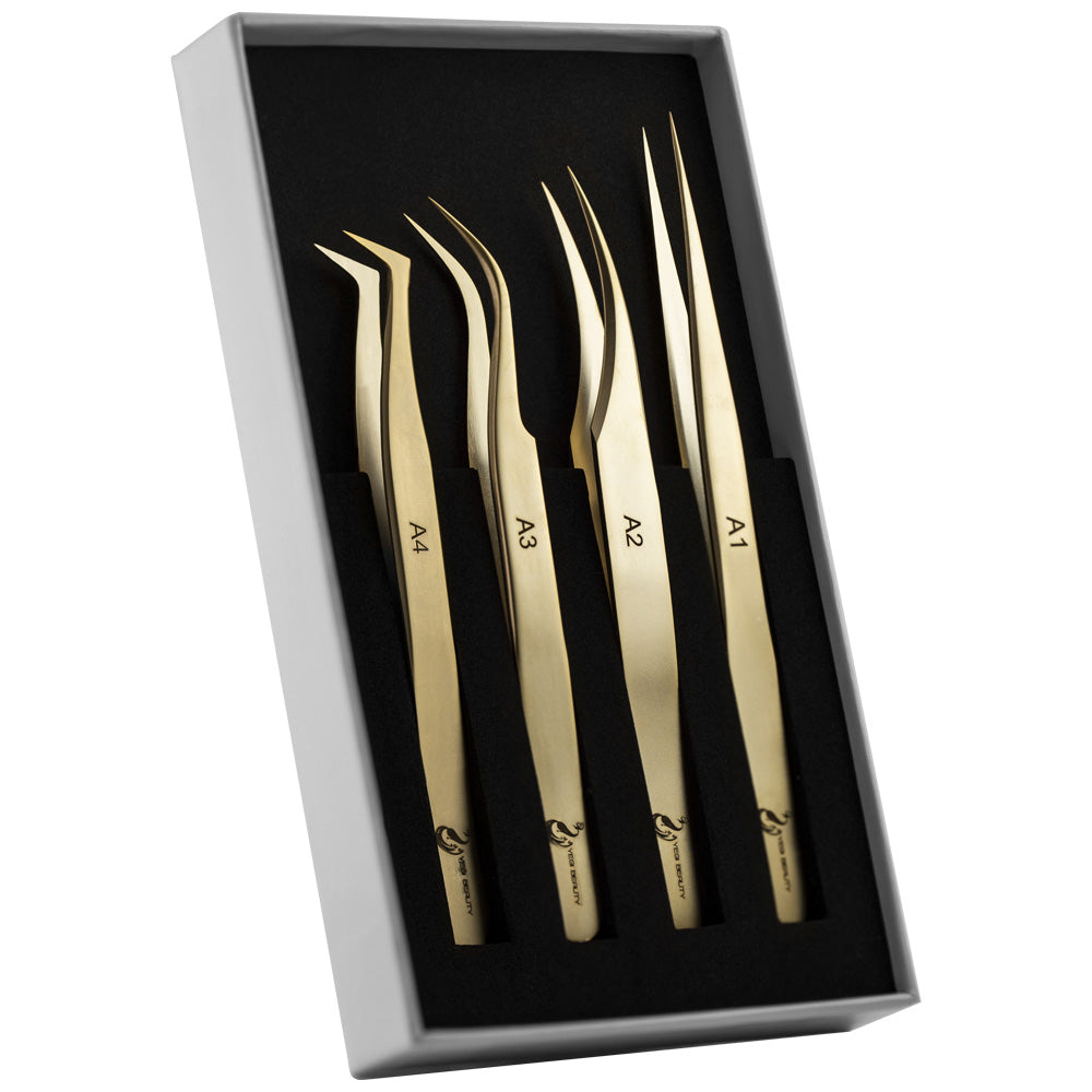 Yegi Beauty Eyelash Extension Gold Tweezer Set. A-1, A-2, A-3, A-4