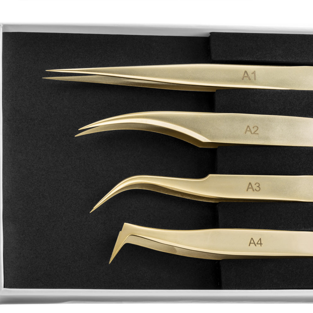 Eyelash Extension Tweezer set. A-Line Pro Gold set includes A-1, A-2, A-3, and A-4