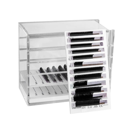 clear storage tray with shelf outside displaying eyelash extensions