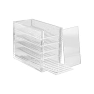 clear eyelash extension storage tray open to show eyelash shelves