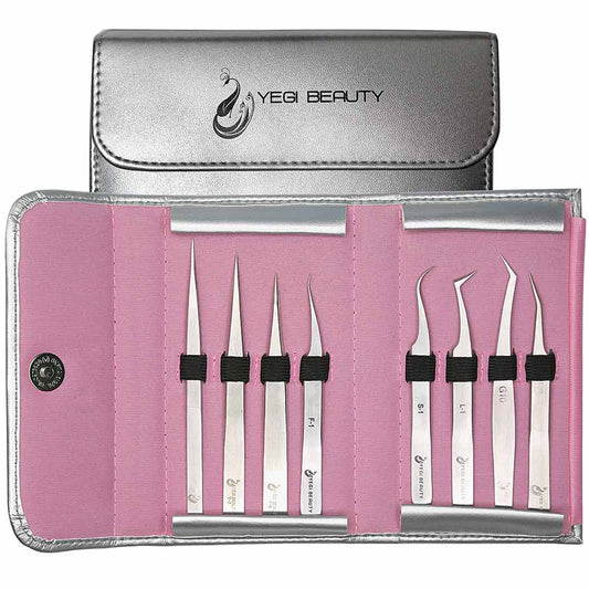 Volume and Classic Eyelash Extension Kit includes G-7, Y-2, Y-6, G-8, F-1, G-10, S-1, L-2 tweezers and Yegi Tweezer Case