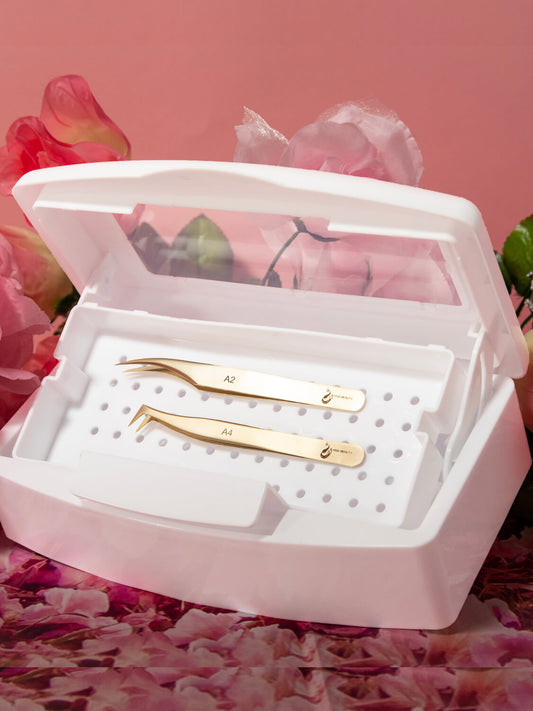 Tweezer Tray to keep all eyelash extension tools sanitized and clean with two gold tweezers and pink flowers