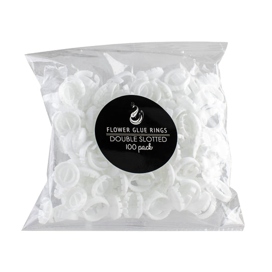 Clear large bag of White Glue Rings with label that reads "Flower Glue Rings Double Slotted 100 Pack"