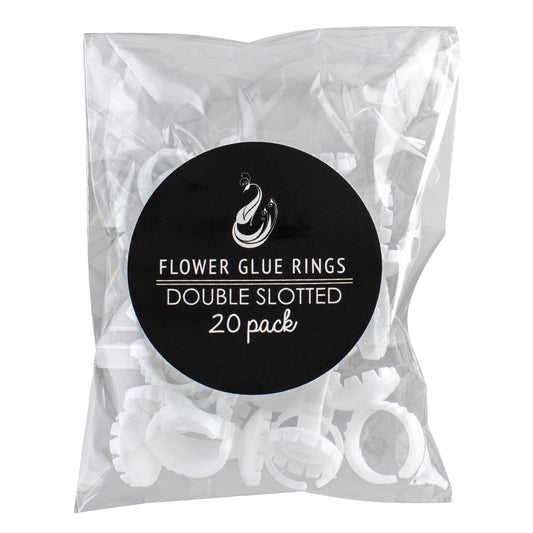 Transparent clear bag package with black circle label. White text reads "Flower Glue Rings Double Slotted 20 Pack"
