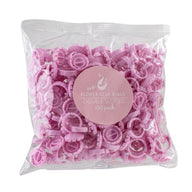 Large clear bag filled with pink rings. Pink label reads "Pink! Flower Glue Rings Double Slotted 100 Pack"