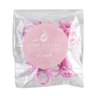 Transparent Package with Pink label. text reads "Pink Flower Glue Rings-Double Slotted - 20 Pack"