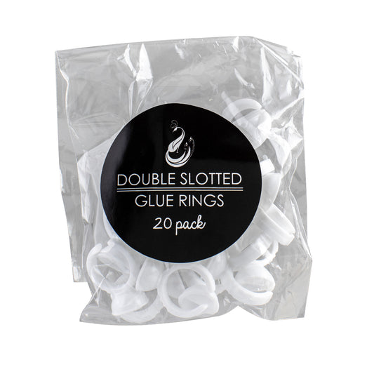 Clear bag package with black sticker label that reads "Double Slotted Glue Rings 20 Pack"
