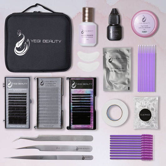 The basic tools in Eyelash Extension Starter Kit includes Yegi Beauty Primer, Yegi Cream, Glue Rings, Tape, Brushes, Wands, under eye patches, Mink, Pre-Made Fans, and Volume lashes.