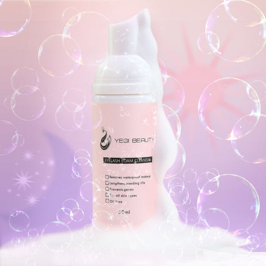 50ml white bottle with pink label reads "Yegi Beauty Eyelash Foam Cleanser"in black text. Product in bubble settings with foam coming down, starry colored background and bubbles floating all over to give a clean and fresh feeling.