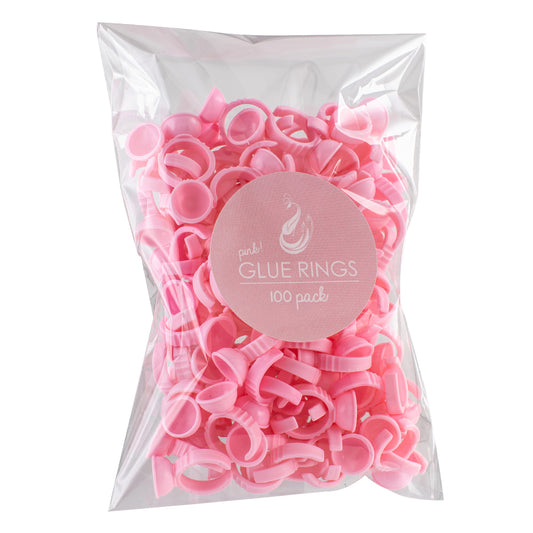 Large clear bag filled with Pink Rings. Pink circle label with white text "Pink! Glue Rings 100 Pack"