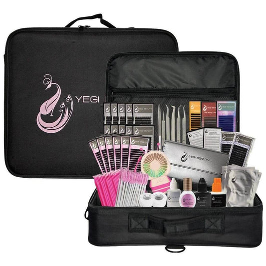 Eyelash Extension Classic and Volume Pro Kit with classic lashes volume eyelash tweezers and adhesive all in travel size case.