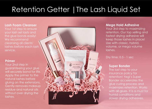 Retention set includes eyelash extension glue, bonder, cleaner and primer perfect for all lash techs
