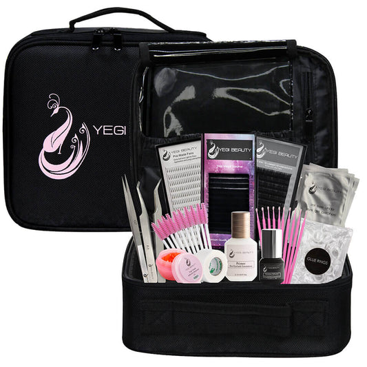 Travel case in starter kit includes basic tweezers, brushes, removes and adhesives with eyelash extensions.