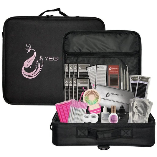 Eyelash Extension Class Student Kit with tweezers doll head brushes lashes tape bee fan all in easy travel case