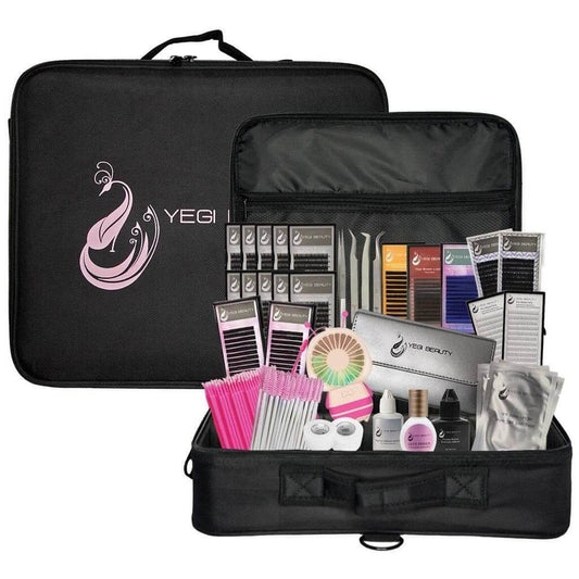 Eyelash Extension Volume and Classic Student Kit with volume lashes classic eyelash tweezers and adhesive all in travel size case.