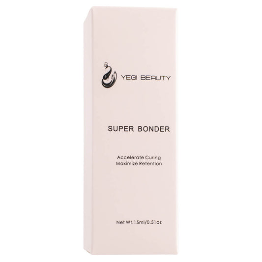Packaging of product. Pink slim box with black lettering "Yegi Beauty Super Bonder" on white background. 