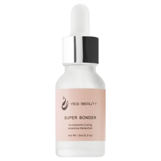 Tiny clear bottle with pink label and medicine dropper cap on white background. Pink label with black lettering reads " Yegi Beauty Super Bonder Accelerate Curing Maximize Retention" 
