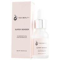 Product bottle and pink box packaging next to one another on white background. Yegi Beauty Super Bonder .15ml bottle with medicine dropper cap