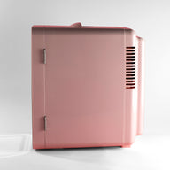 side view of pink mini fridge 