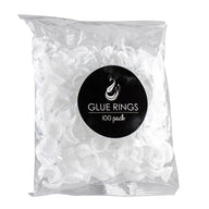 Large clear bag with white glue rings. Black circle sticker reads "Glue Rings 100 Pack"