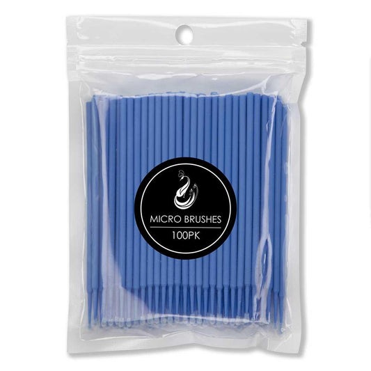 Micro brushes for eyelash extensions in blue packaged in clear pouch 100 pack