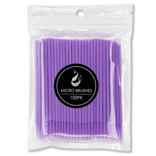 Micro brushes for eyelash extensions in purple packaged in clear pouch 100 pack