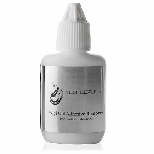 15ml white bottle with white cap and silver reflective label on white background. Black lettering reads "Yegi Beauty Yegi Gel Adhesive Remover for eyelash extensions"